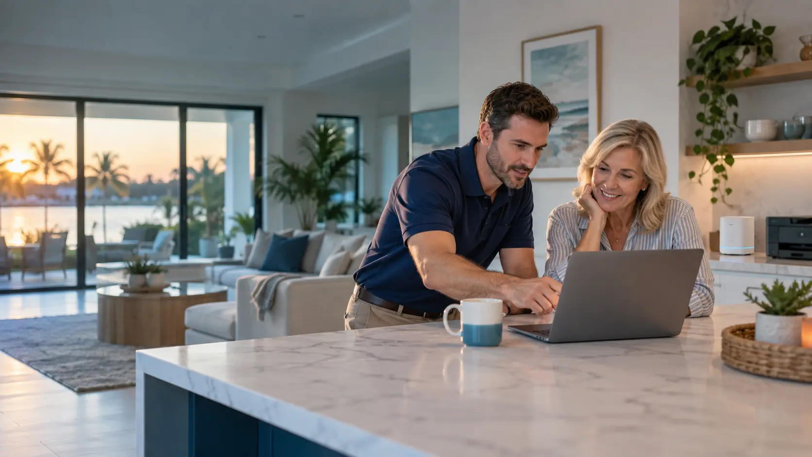 A technology specialist patiently helping a homeowner with a laptop in a bright Florida home